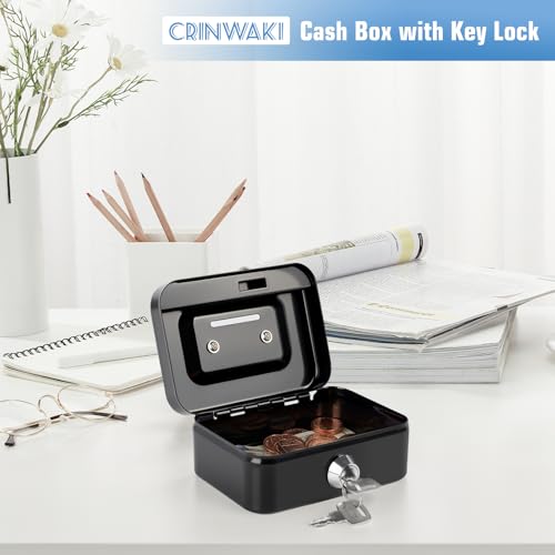 Crinwaki Mini Cash Box with Lock & Slot - Black 4.5" x 3.4" x 2.4"