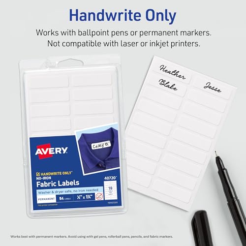 Avery No-Iron Fabric Labels 1/2" x 1-3/4" Waterproof & Washer Safe - 54 Labels
