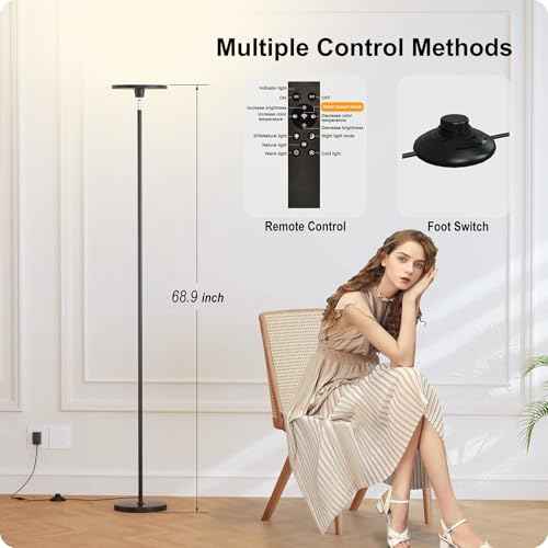 Dimmable Floor Lamp with Remote£¬Floor Lamps for Living Room Bedroom Office£¬Adjustable Brightness (10%-100%)and Color Temperature (3000k- 6000k )£¬Standing Lamp Tall Lamp with Foot Switch (black)