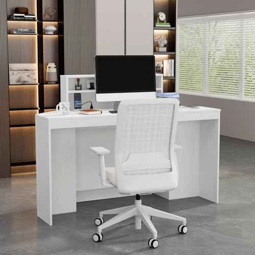 VOWNER 39.3" H Modern Reception Desk with LED Lighting, Office Counter with Display Cabinet, Secretary Desk with Power Outlets ? Front Desk for Salon, Lobby (55.1" W x 21.2" D x 39.3" H) (White)