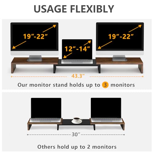 TAVR Dual Monitor Stand Riser, Computer Monitor Stands for 2 Monitors, Extra Long Multifunctional Desktop Organizer Riser for Computer, Laptop, PC, Printer, TV, Max 43.3" Length, Rustic Brown
