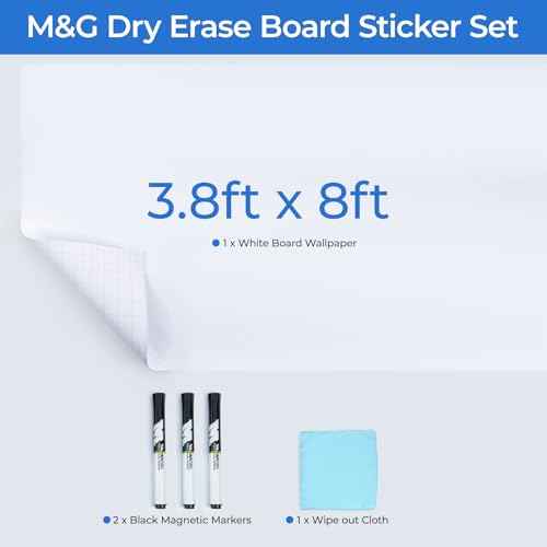 M&G White Board Wallpaper Dry Erase Board for Wall, 3.8 ft x 8 ft Whiteboard Peel and Stick Wallpaper, Dry Erase Contact Paper with 3 Markers and Wipe Out Cloth (Inside The Roll), No Ghosting