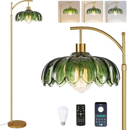 Glass Floor Lamp for Living Room,Bedroom,Gold Dimmable Standing Lamp with Remote,Mid Century Modern Brass Tall Lamp Boho Vintage Retro Floor Lamps Arc Green Flower Floor Light Lamp Bohemian