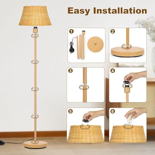 Upgraded:Boho Floor Lamps for Living Room, Rattan Floor Lamp with Woven Wicker Lampshade, 62 inches Mid Century Modern Standing Light, Farmhouse Rustic Coastal Lamp for Bedroom Office,Easy Foot Switch