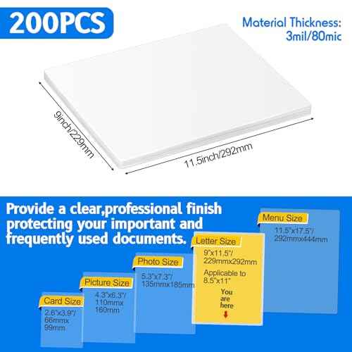 Geyoga 200 Sheets Matte Laminating Sheets Holds 8.5 x 11 in, Matte Thermal Laminating Pouches (3 Mil), 9 x 11-1/2-inch Matte Letter Size Laminating Sheets Ultra Clear with Matte Finish