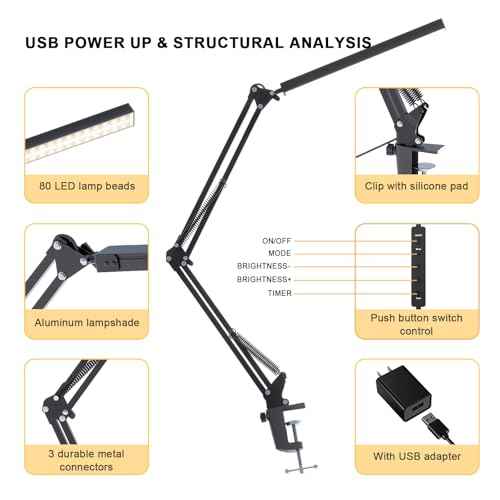 LED Desk Lamp for Home Office, Clamp-On with 5 Light Modes & Auto Shut Off | 14W Adjustable Brightness 5000K Eye-Caring Lighting for Study/Bedroom/Computer Desk