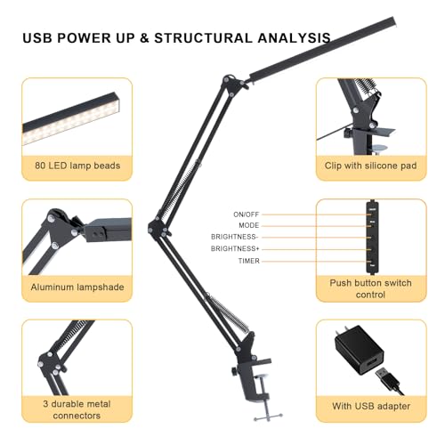 LED Desk Lamp for Home Office and Round Base, Clamp-On with 5 Light Modes & Auto Shut Off | 14W Adjustable Brightness 5000K Eye-Caring Lighting for Study/Bedroom/Computer Desk