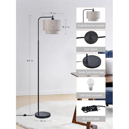 64" Modern Floor Lamp for Living Room Bedroom, Arc Floor Lamp with 3 Color Temperatures, Standing Lamp with Double Oatmeal Linen Lampshade, Tall Lamp with A19 12W LED Bulb, Foot Switch Control, Black