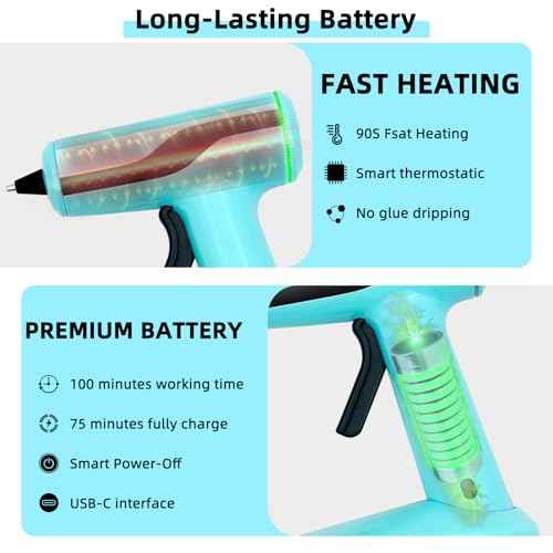 Cordless Hot Glue Gun, Rechargeable Hot Melt Glue Gun 2Ah Built-in Battery Smart Power-Off, Mini Glue Gun Kit with 30pcs Premium Glue Sticks, 10pcs Wood Craft Sticks, Case for DIY, Arts &Crafts