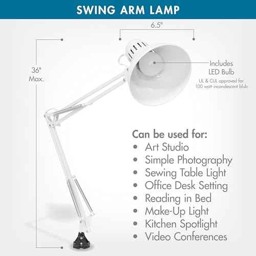Studio Designs Swing Arm Lamp, 13-watt, White, 6.5" W x 7" D x 36" H