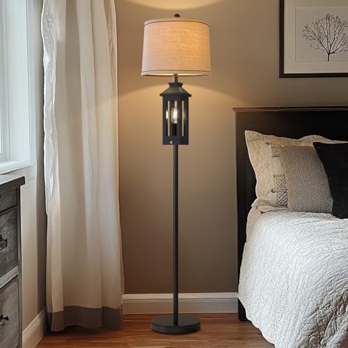 63" Floor Lamps for Living Room Bedside Nightstand Lamp All Black Tall Standing Lamp for Home Decor Bedroom Reading Lamp Farmhouse Rustic Bed Lights with 2 Light Sources (2 Bulbs)