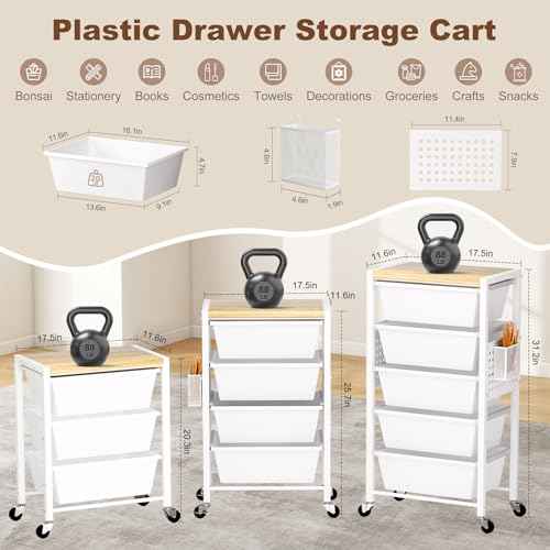 Rolling Cart with Drawers, Rolling Storage Cart with 3 Large Plastic Drawers & Wooden Tabletop, Utility Cart for Living Room, Classroom, Bedroom, Office