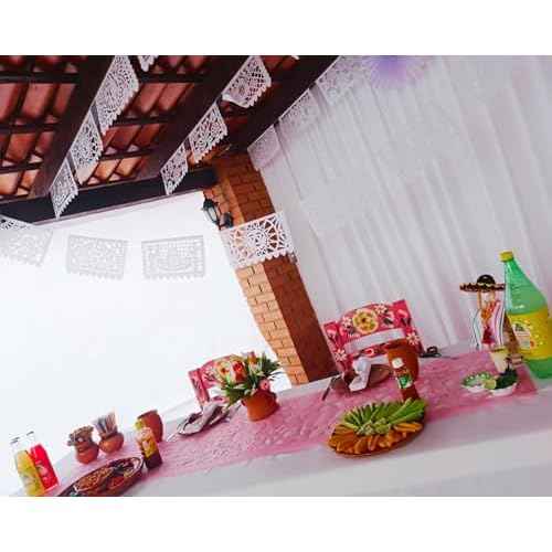 Mexican Flags Bulk White Papel Picado Banner Pack - Over 120 feet, Made from Elegant White Tissue Paper with a Mexican Spring Theme of Flowers, Birds, Suns and Butterflies.