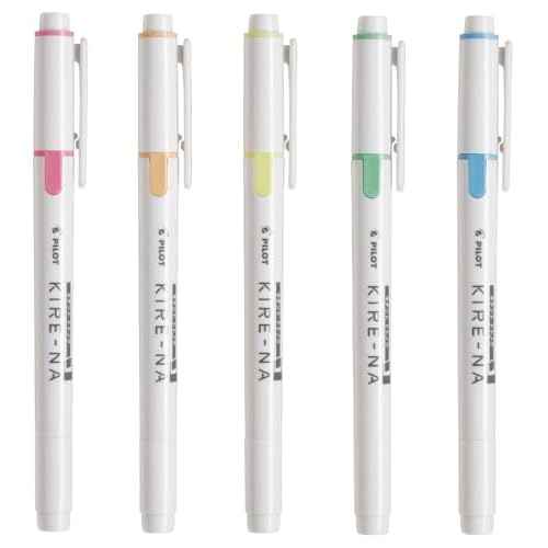 PILOT KIRE-NA Highlighter Set, Basic 5 Colors, Chisel and Fine Tip, Quick-Dry Pigment Ink, SKIW-1-5C1