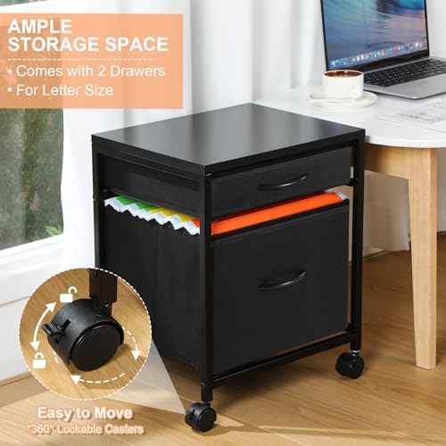 Rolling Mobile File Cabinet Cart with 2 Fabric Drawers A4 Letter Size Beside, Vertical Filing Cabinet on Lockable Wheels, Mobile Printer Stand Storage Under Desk for Home Office(Black)