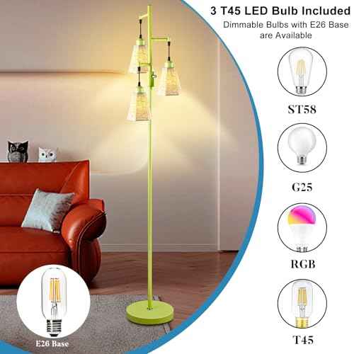 Lightdot 68IN Dimmable Floor Lamp for Living Room, Industrial 3-Light Tree Floor Lamps with LED E26 Bulbs Included, Mid Century Floor Lamp with Fabric Patterned Lampshades for Bedroom Hom Office-Green