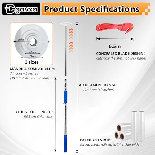 Long Handle Stretch Wrap Dispenser with Safety Knife, – 48" Pole for