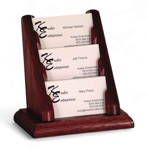 Wooden Mallet 3-Pocket Countertop Business Card Holder, Mahogany