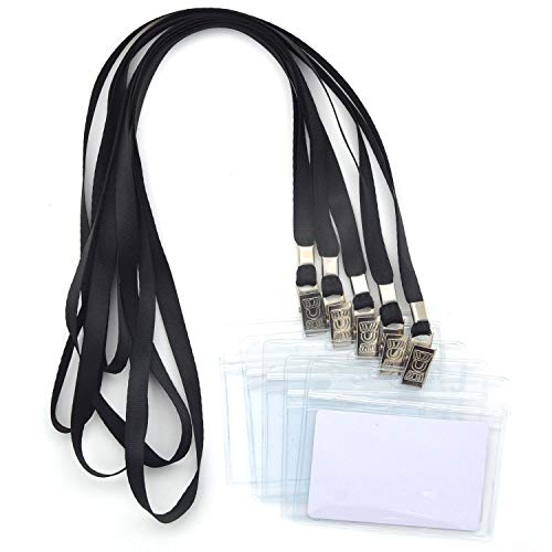 Bird Fiy 50 Pcs Clear ID Card Holders + 50 Pcs Black Weave Lanyards, Horizontal Card Size