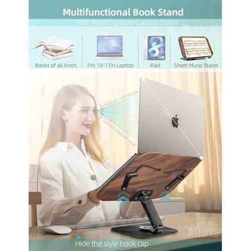 Book Stand for Reading, Book Holder, Foldable Cookbook Stand,Height Adjustable Recipes Book Holder,360¡Æ Rotating Base Laptop Stand,for Textbooks,Tablet,Book Page Holder,Made from Walnut Wood