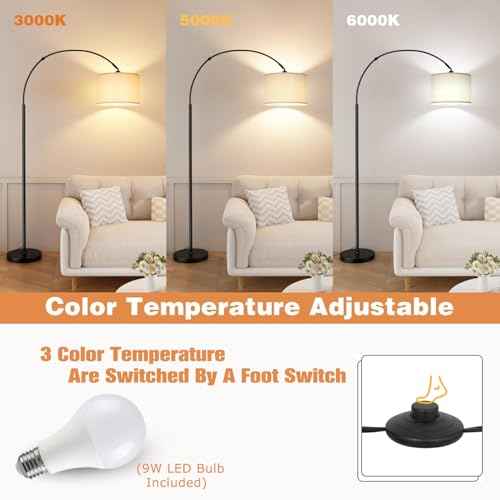 Arc Floor Lamps for Living Room,Modern Standing Lamp with 3 Color Temperature,Over Couch Arched Tall Pole Lamp with Foot Switch for Bedroom,Office,Bulb Included