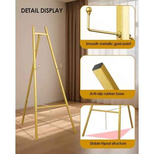 Gold Easel Stand for Wedding Signs with Adjustable Chain, Heavy Duty Metal Display Stand for Art, Welcome Signs, Posters, Pictures, Paintings,Posters & Commercial Display