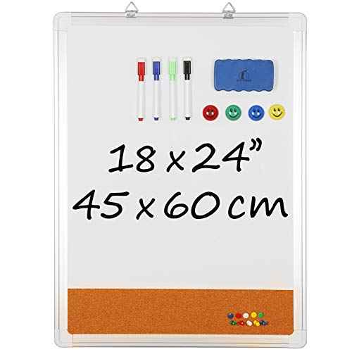White Board Cork Board Combo - 18x24 in Dry Erase Board with Cork and 1 Magnetic Eraser, 4 Dry Wipe Markers, 4 Magnets and 10 Pins - Wall Hanging Whiteboard with Corkboard for Home and Office