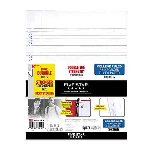 Five Star Reinforced Filler Paper, College Rule, 11 x 8 1/2, White, 100 Sheets (Pack of 6)