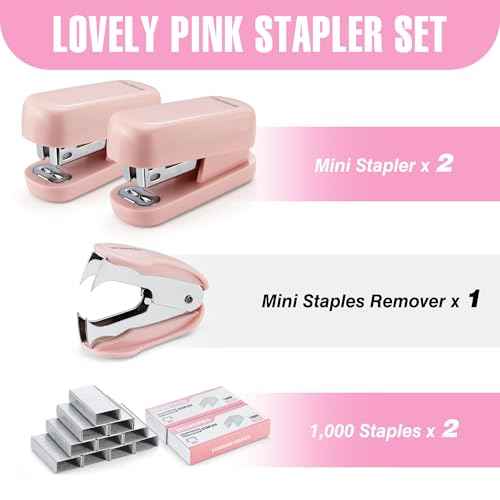WORKPRO Mini Stapler with Staples, Pink Stapler Set Includes Two Small Staplers, One Staple Remover, 2000 Standard Staples - Cute Staplers for Desk with Non-Slip Base, Lock Design - Pink Ribbon