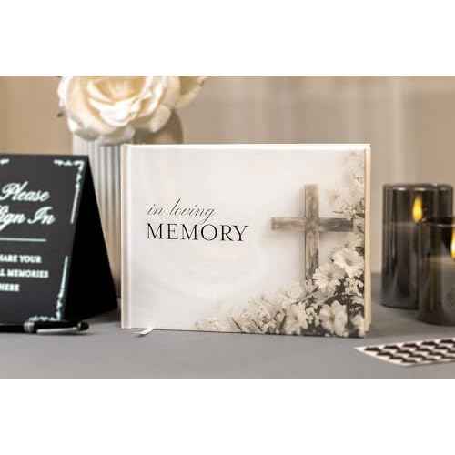 Cross Hardcover Funeral Guest Book - 9.5 x 7 Celebration of Life Guestbook for Memorial Service with 5x7 Paper Sign, Pen, Black Photo Corner Stickers