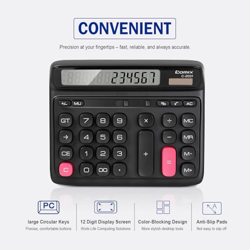 Comix Black Desktop Calculator 12-Digit Large Button Office Math Tool
