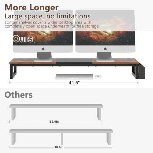 LAND¡¤VOI Dual Monitor Stand Riser,41.5'' Long Monitor Stand for 2 Monitors, Wood Computer Riser with Pocket, Desktop Oraganizer with Pen Holder, Monitor Riser for Desk Computer,Laptop,TV, Rustic Brown