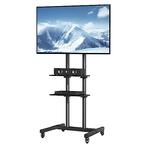 VEVOR Mobile TV Cart for 32 to 70 inch TVs, Height Adjustable Portable TV Stand with Wheels and Double Tray for Audio-Visual Devices, Rolling TV Stand for Living Room