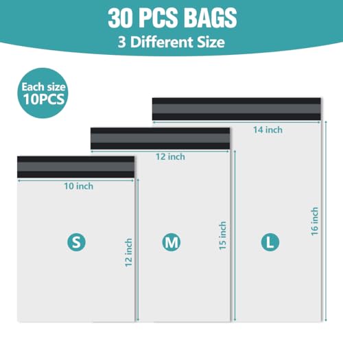 WOW DING Poly Mailers 30 Pcs Self-Sealing Shipping Bags in 3 Sizes