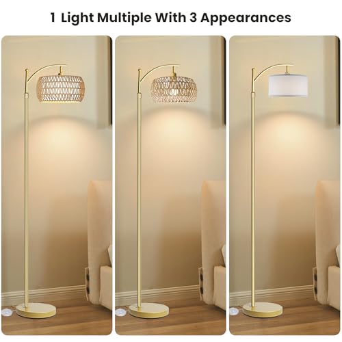 Arc Floor Lamp for Living Room,Farmhouse Floor Lamps with Remote Control & Dimmable Bulb,Gold Boho Rattan Tall Standing Lamp for Bedroom Office