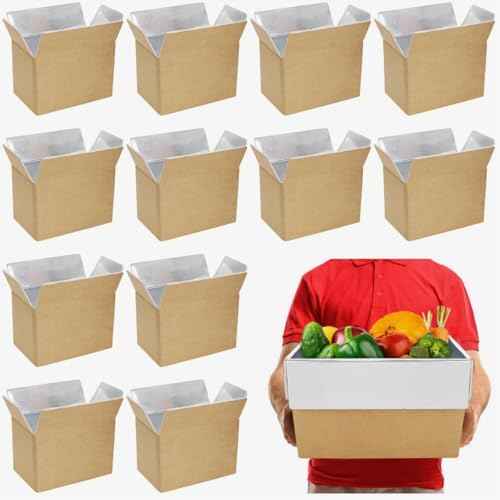 12 Pack Insulated Shipping Box, 10.8'' x 7.3'' x 6.5'' Cold Shipping Boxes with Aluminium Foil Liner for Hot Frozen Food, Small Reusable Foil Cooler Carton Moving Kits for Packing Mailing