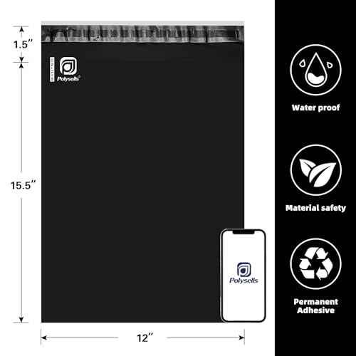 POLYSELLS 100 pcs 12x15.5 Inches Black Poly Mailers Shipping Envelopes, Strong Adhesive Sealing, Waterproof, and Tear-resistant Postal Mailing Bags for Clothing, Books, and Accessories