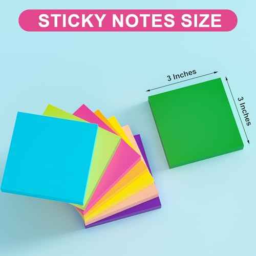 Sticky Notes 3x3 Inch, 8 Pads, 800 Sheets, 8 Bright Colors Sticky Note Pad, Bulk Self-Stick Pads, Home Office School Supplies, Clean Removal, Recyclable, Easy to Post for Notebook, 100 Sheets/Pad