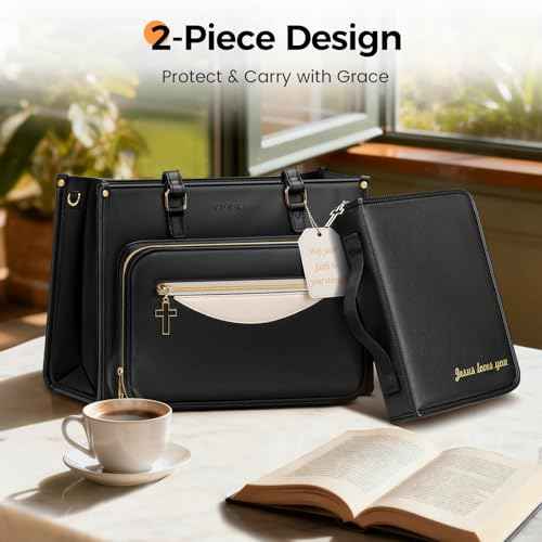 Ytonet Bible Bags for Women - Premium PU Leather Bible Tote Bag with Zippered Bible Cover Case, Elegant Church Bag with Cross Zipper Design for Bible Study Supplies, Christian Christmas Gift, Black
