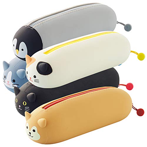 LIHIT LAB PuniLabo Gray Cat Zipper Pen Pouch 2.5x7.9in Silicone Cosmetic Organizer