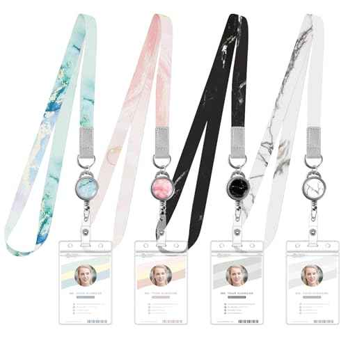 4 Pack Lanyards for Id Badges Retractable Badges Reels Marble Lanyard Teacher Lanyards with Waterproof Id Badge Holder for Cruise Ship Cards