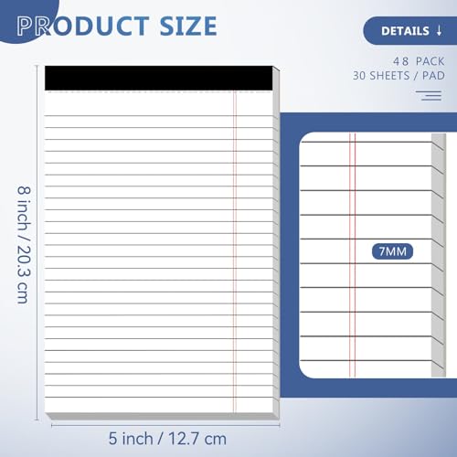 5" x 8" Note Pads 48 Pack of Legal Pads 30 Sheets Notepad College Ruled Small Writing Pads Perforated Pages Paper Pads 80GSM Heavyweight Paper Note Pads for Home, Office, or School