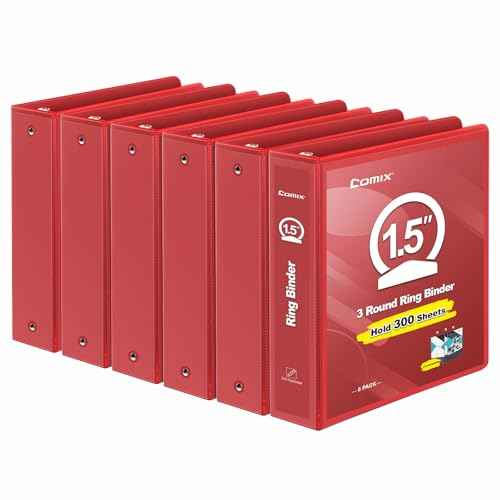 COMIX 3 Ring Binder 1.5 inch with Clear View Cover, 1.5" View Binder Holds 300 Sheets of US Letter Size Paper, 6 Pack (Red)