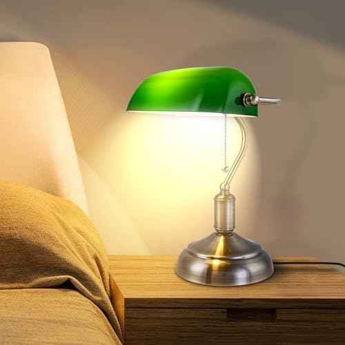 Green Glass Bankers Lamp, Glass Shade, Desk Lamp, Classic Retro Chrome Finish E26 Base Bulb Included, Vintage Desk Lamp Traditional Library Lamp for Office, Study Room
