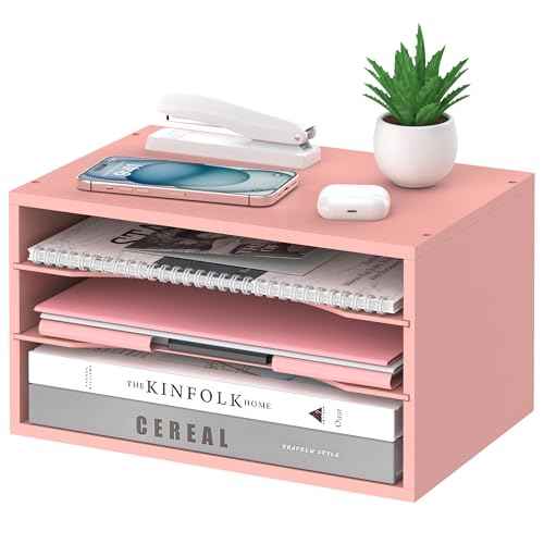 Wood Desk Organizer, 3 Tier Paper Tray Organizer for Desk with Adjustable Storage Shelves, Desktop Paper Sorter Mail Holder for Office Home Classroom, Pink
