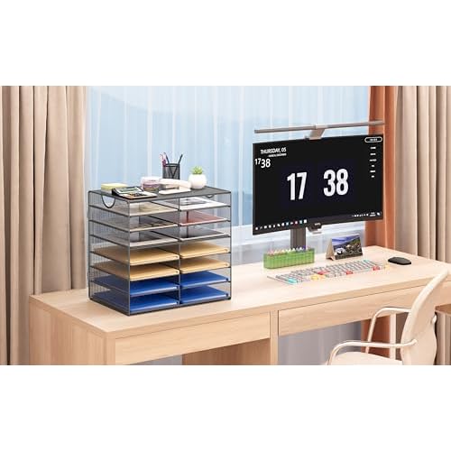 EasyPAG Paper Trays for Classroom 14 Tier Mesh Desk Organizer Shelves with Handle A4/Letter Size File Folder Organizer Shelf for Office, School, Home, Silver