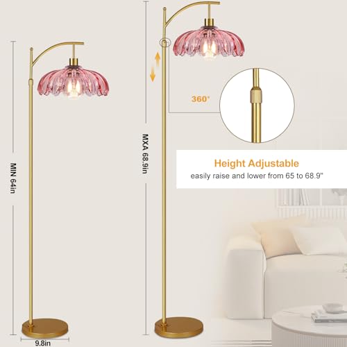 QIYIZM Pink Floor Lamp 4 - Dimmable Tall Arc Lamp with Remote & Adjustable Height, Mid Century Modern Boho Brass Lighting for Living Room & Bedroom