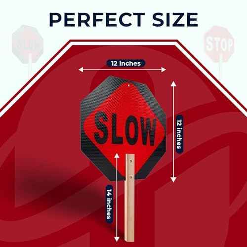 OLANZU 5-Pack Handheld Stop Slow Signs with Wooden Handle - 12" x 12" Double-sided Crossing Guard Stop Sign - Honeycomb Reflective Road Sign - Easy to Install