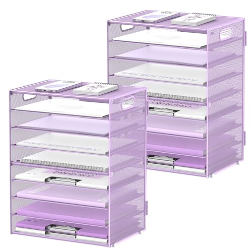 DALTACK 9-Tier Paper Letter Tray Desk Organizer with Handles, Mesh File Holder Organization, Paper Sorter Desk Organizer for Office Home School, Purple 2 Pack