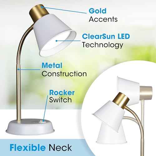 OttLite Beam LED Desk Lamp, Metal Construction in White and Gold, Flexible Neck, Book Light, Table Lamp, Reading Light, Work, Desk Lights for Home Office or Bedside